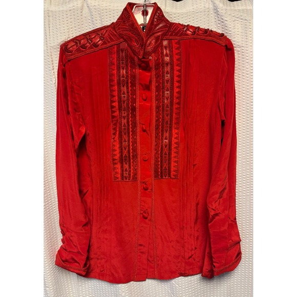 Erez Tops - VTG 1980-90s Erez SZ 2 (Small) 100% Silk Red Heavy Embellished Blouse Detail NWT